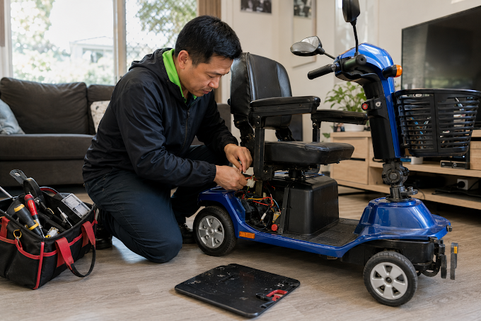 Independent Living Repairer working on a mobility scooter in a client's home
