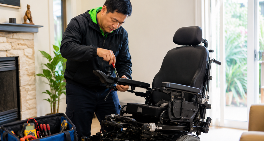 Independent Living Repairer adjusting the controls of a power wheelchair